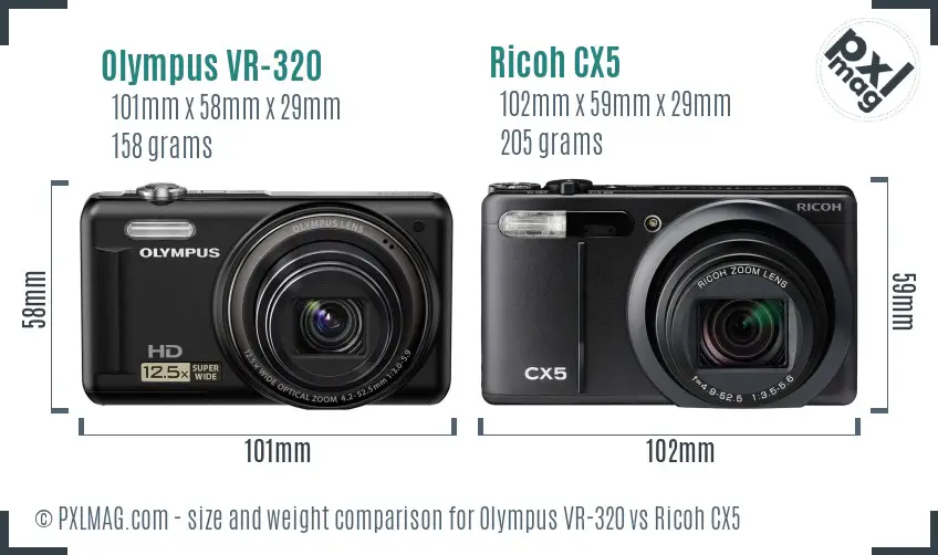 Olympus VR-320 vs Ricoh CX5 size comparison