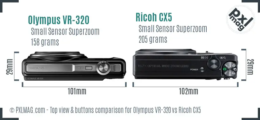 Olympus VR-320 vs Ricoh CX5 top view buttons comparison