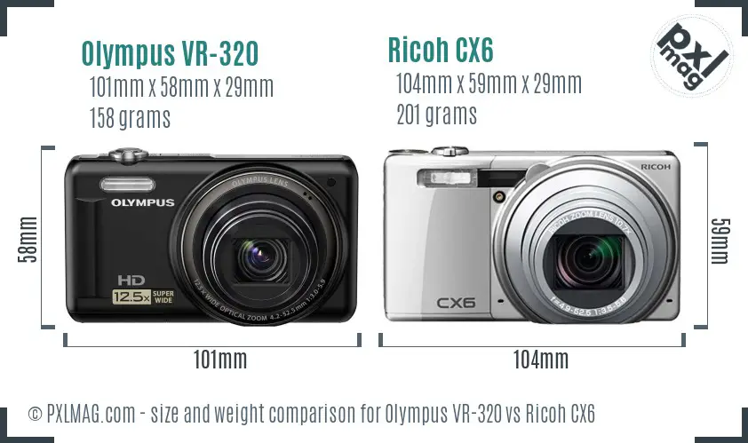 Olympus VR-320 vs Ricoh CX6 size comparison