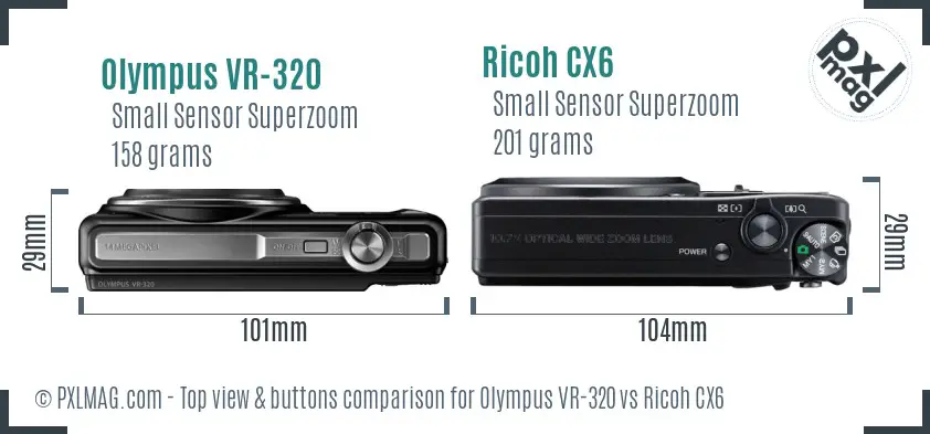 Olympus VR-320 vs Ricoh CX6 top view buttons comparison