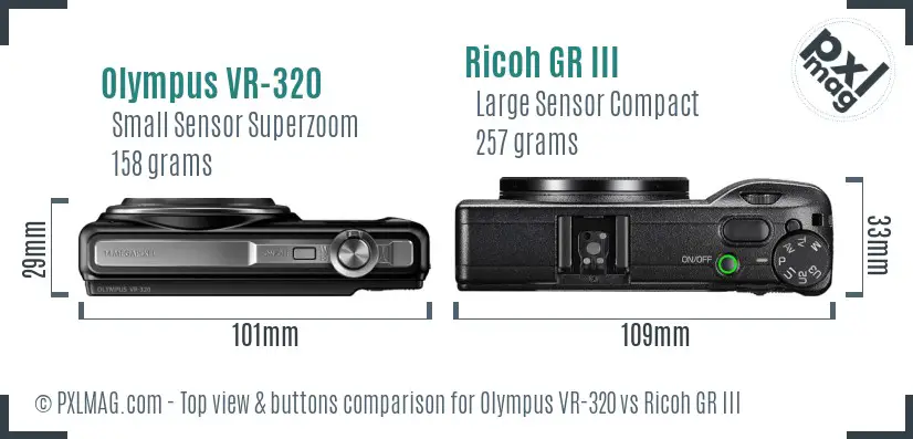 Olympus VR-320 vs Ricoh GR III top view buttons comparison