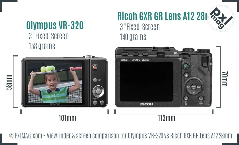 Olympus VR-320 vs Ricoh GXR GR Lens A12 28mm F2.5 Screen and Viewfinder comparison