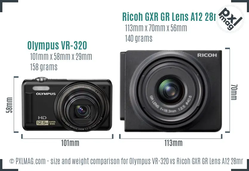 Olympus VR-320 vs Ricoh GXR GR Lens A12 28mm F2.5 size comparison