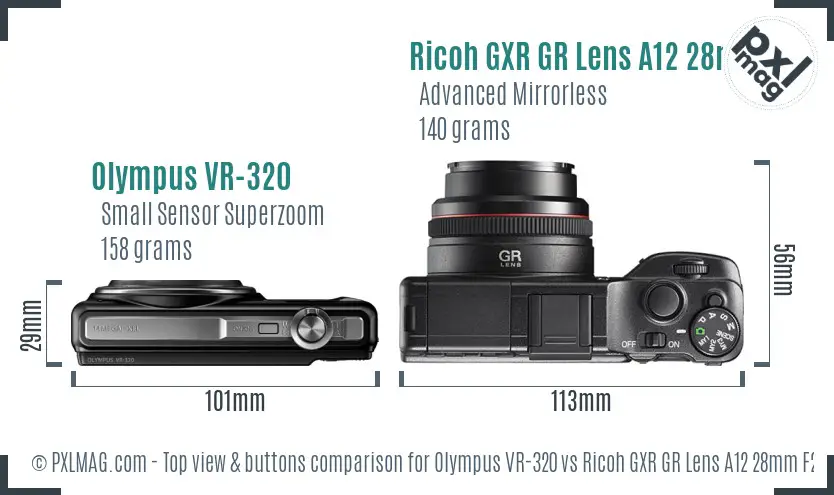 Olympus VR-320 vs Ricoh GXR GR Lens A12 28mm F2.5 top view buttons comparison