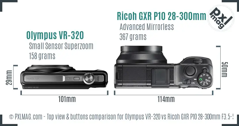 Olympus VR-320 vs Ricoh GXR P10 28-300mm F3.5-5.6 VC top view buttons comparison Olympus VR-320 vs Ricoh GXR P10 28-300mm F3.5-5.6 VC top view buttons comparison