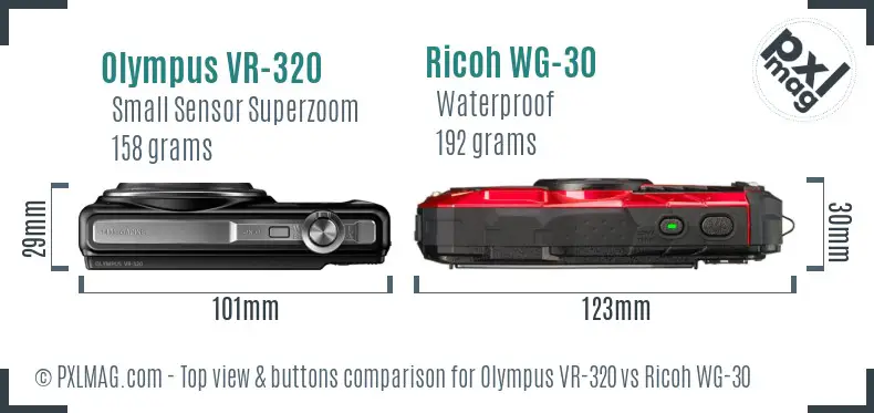 Olympus VR-320 vs Ricoh WG-30 top view buttons comparison