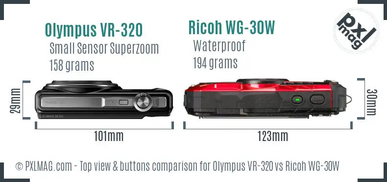 Olympus VR-320 vs Ricoh WG-30W top view buttons comparison