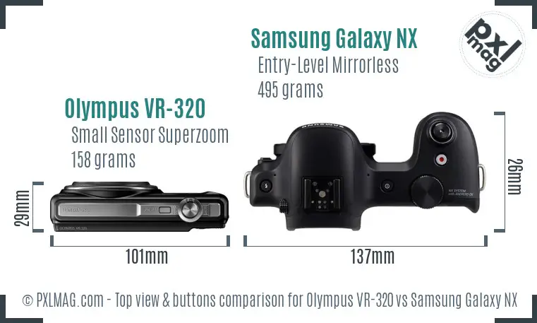 Olympus VR-320 vs Samsung Galaxy NX top view buttons comparison Olympus VR-320 vs Samsung Galaxy NX top view buttons comparison