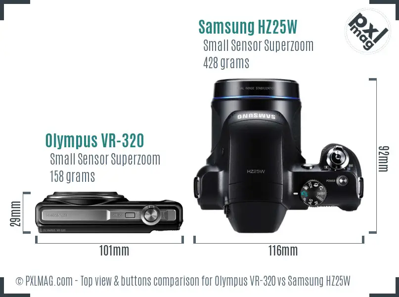 Olympus VR-320 vs Samsung HZ25W top view buttons comparison