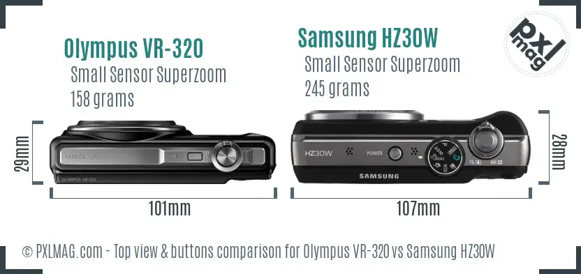 Olympus VR-320 vs Samsung HZ30W top view buttons comparison