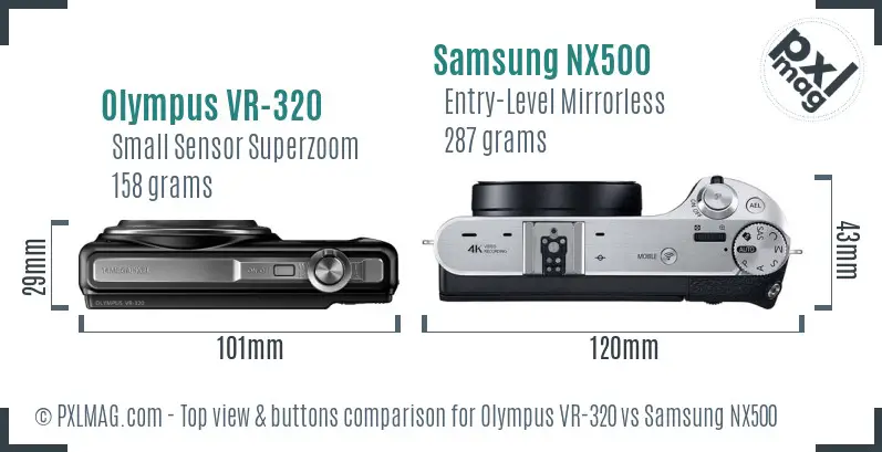 Olympus VR-320 vs Samsung NX500 top view buttons comparison