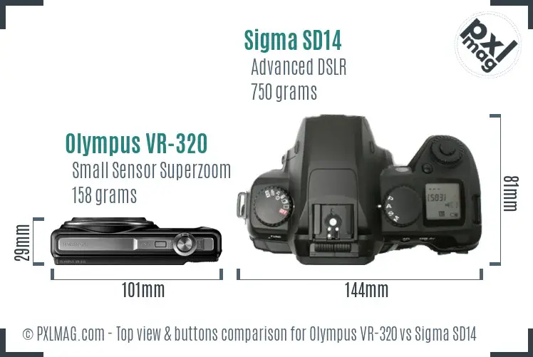 Olympus VR-320 vs Sigma SD14 top view buttons comparison Olympus VR-320 vs Sigma SD14 top view buttons comparison