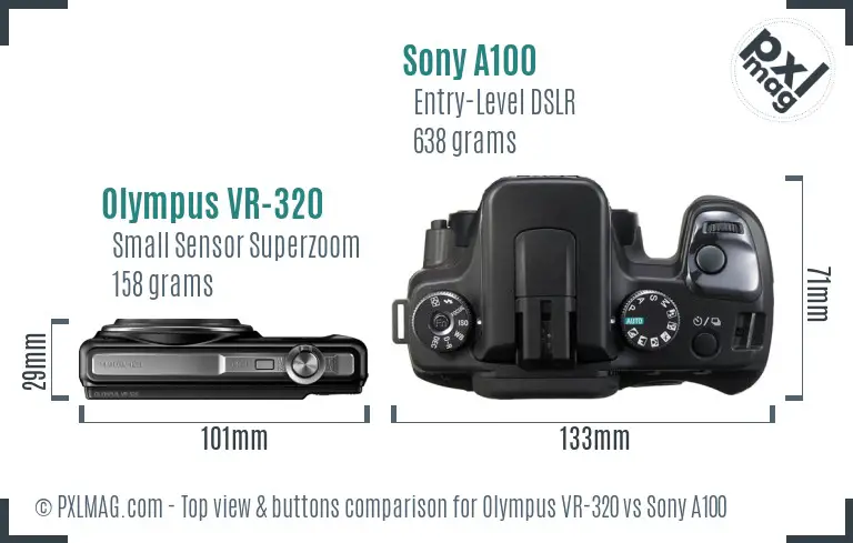 Olympus VR-320 vs Sony A100 top view buttons comparison