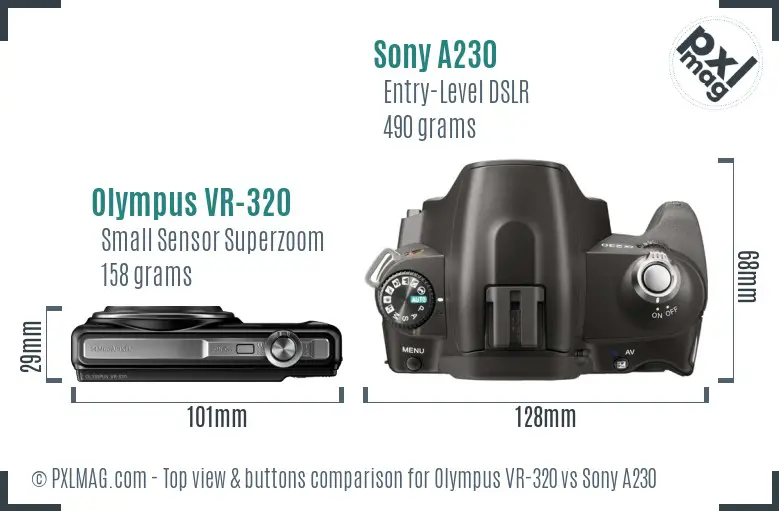 Olympus VR-320 vs Sony A230 top view buttons comparison