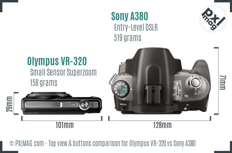 Olympus VR-320 vs Sony A380 top view buttons comparison
