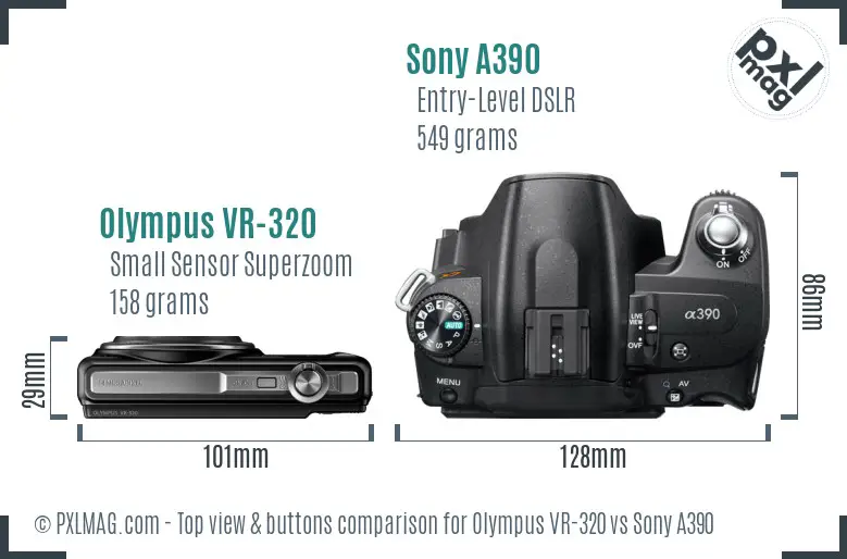 Olympus VR-320 vs Sony A390 top view buttons comparison