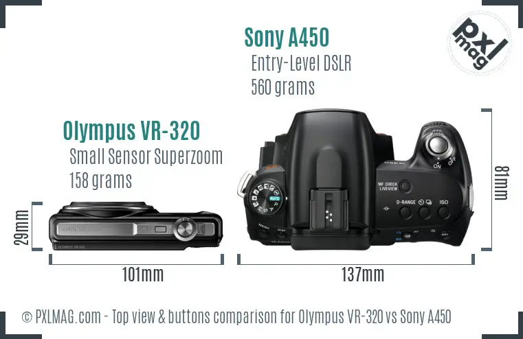 Olympus VR-320 vs Sony A450 top view buttons comparison