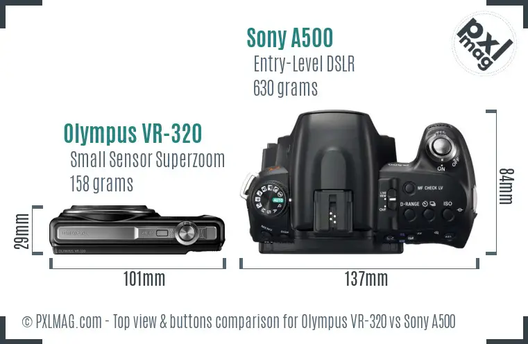 Olympus VR-320 vs Sony A500 top view buttons comparison