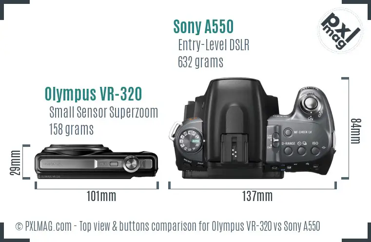 Olympus VR-320 vs Sony A550 top view buttons comparison