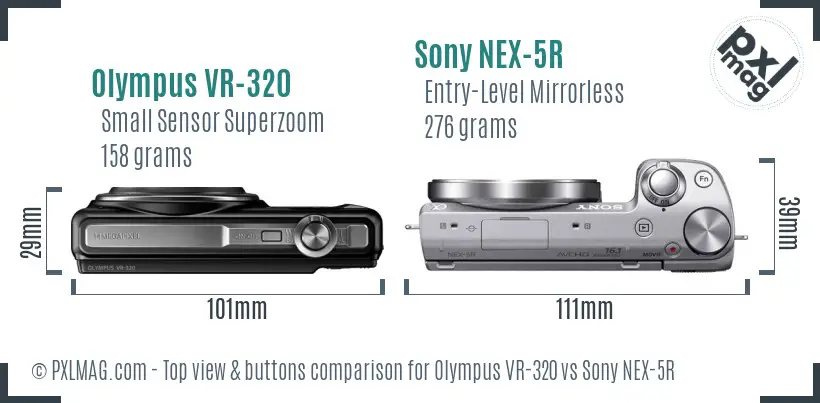 Olympus VR-320 vs Sony NEX-5R top view buttons comparison