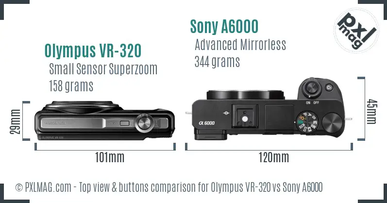 Olympus VR-320 vs Sony A6000 top view buttons comparison Olympus VR-320 vs Sony A6000 top view buttons comparison