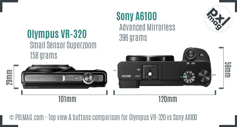 Olympus VR-320 vs Sony A6100 top view buttons comparison
