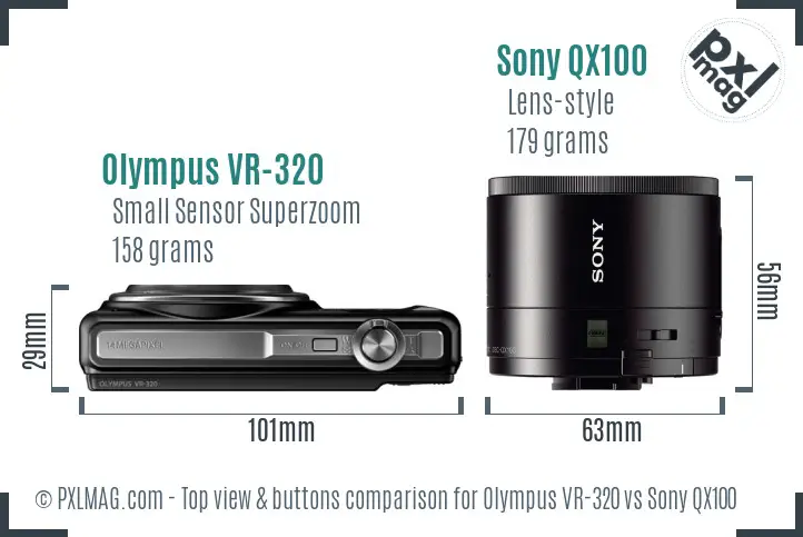 Olympus VR-320 vs Sony QX100 top view buttons comparison