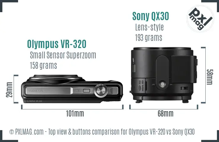 Olympus VR-320 vs Sony QX30 top view buttons comparison