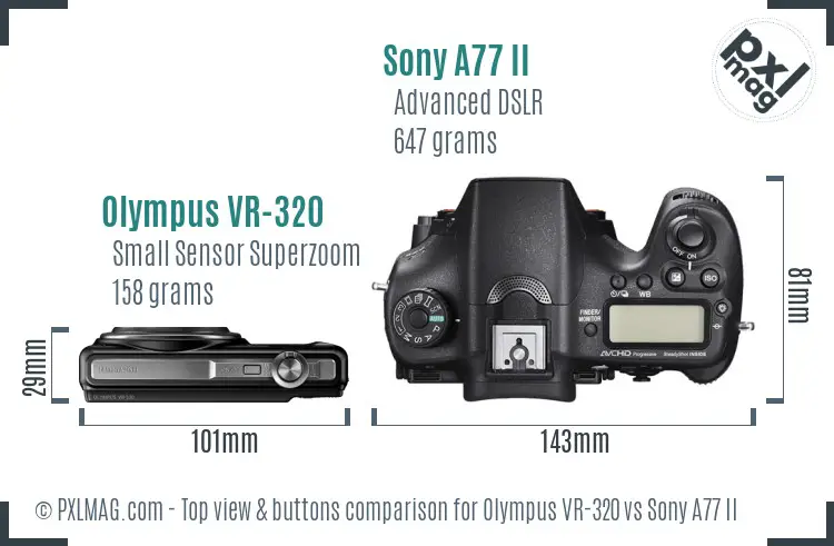 Olympus VR-320 vs Sony A77 II top view buttons comparison