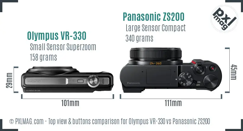 Olympus VR-330 vs Panasonic ZS200 top view buttons comparison