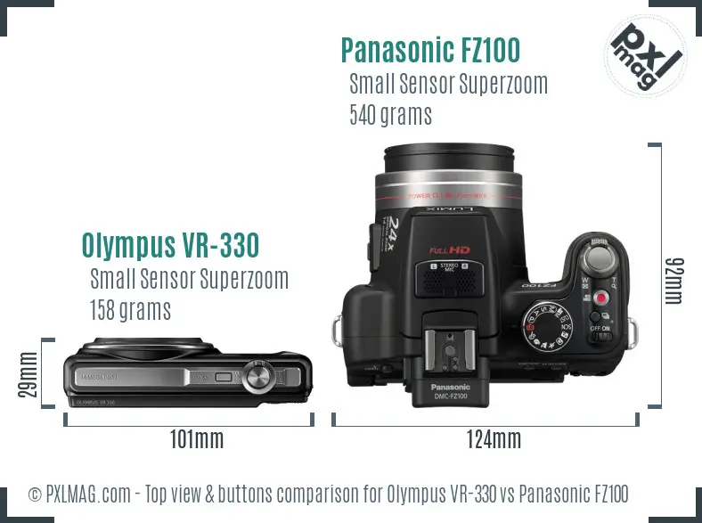 Olympus VR-330 vs Panasonic FZ100 top view buttons comparison