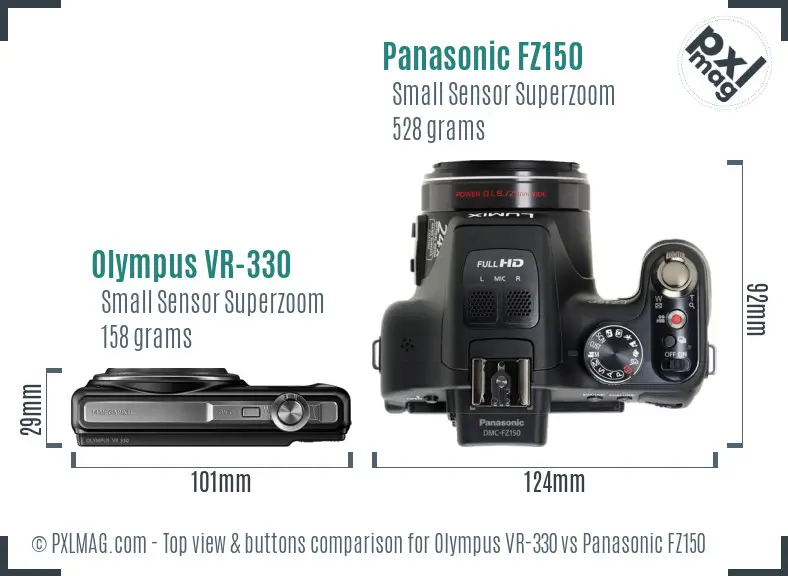 Olympus VR-330 vs Panasonic FZ150 top view buttons comparison