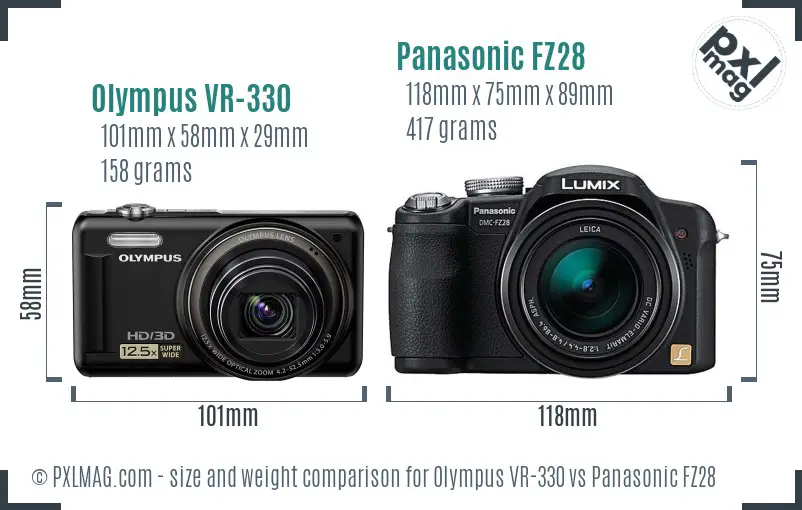 Olympus VR-330 vs Panasonic FZ28 size comparison Olympus VR-330 vs Panasonic FZ28 size comparison