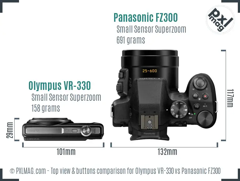 Olympus VR-330 vs Panasonic FZ300 top view buttons comparison Olympus VR-330 vs Panasonic FZ300 top view buttons comparison