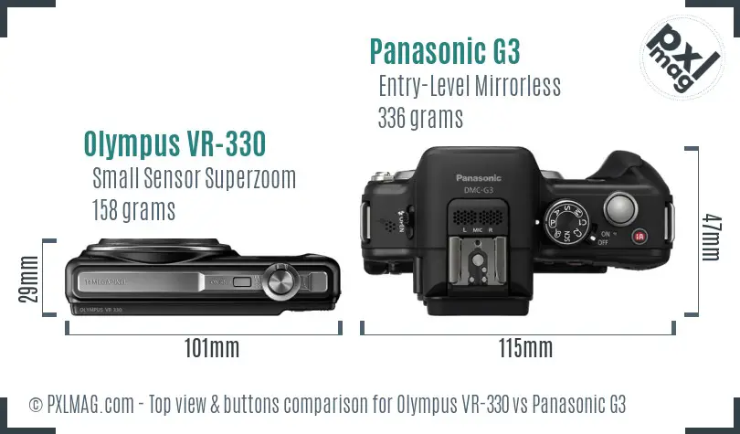 Olympus VR-330 vs Panasonic G3 top view buttons comparison Olympus VR-330 vs Panasonic G3 top view buttons comparison