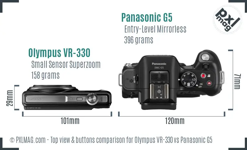 Olympus VR-330 vs Panasonic G5 top view buttons comparison Olympus VR-330 vs Panasonic G5 top view buttons comparison