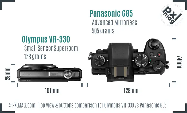 Olympus VR-330 vs Panasonic G85 top view buttons comparison Olympus VR-330 vs Panasonic G85 top view buttons comparison