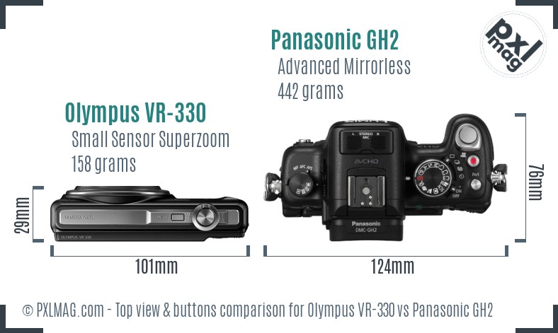 Olympus VR-330 vs Panasonic GH2 top view buttons comparison