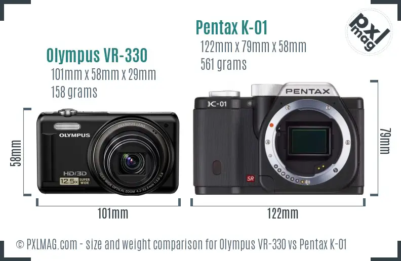 Olympus VR-330 vs Pentax K-01 size comparison