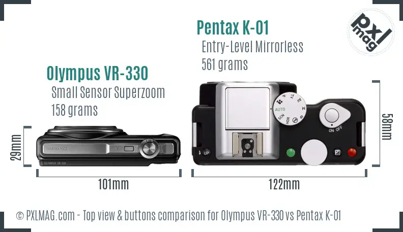 Olympus VR-330 vs Pentax K-01 top view buttons comparison