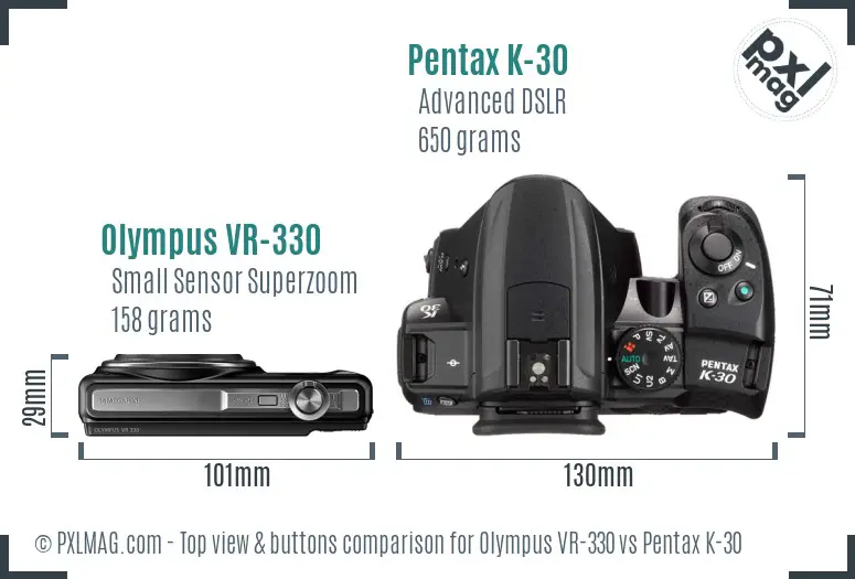 Olympus VR-330 vs Pentax K-30 top view buttons comparison