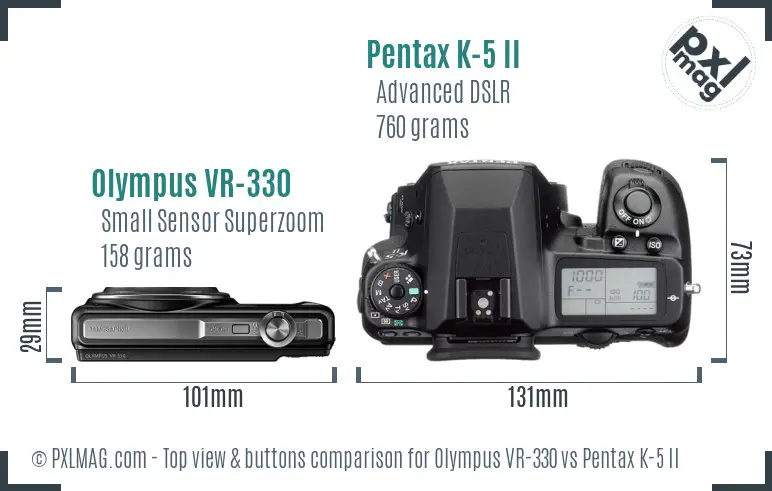 Olympus VR-330 vs Pentax K-5 II top view buttons comparison