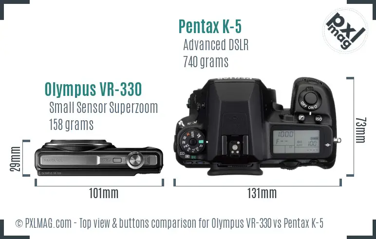 Olympus VR-330 vs Pentax K-5 top view buttons comparison