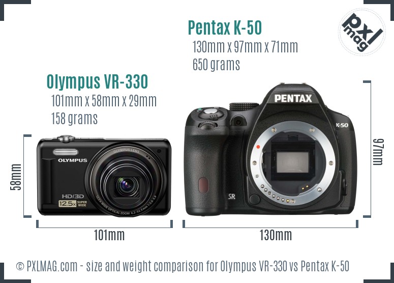 Olympus VR-330 vs Pentax K-50 size comparison