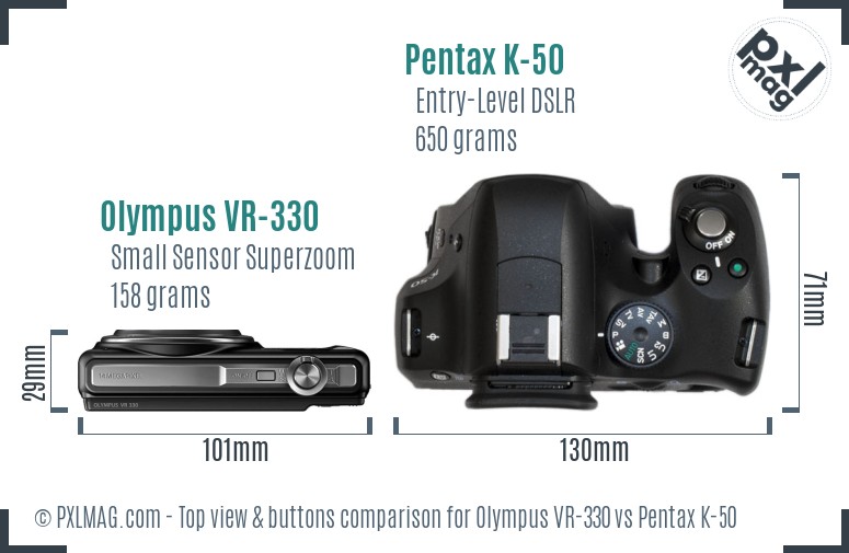 Olympus VR-330 vs Pentax K-50 top view buttons comparison