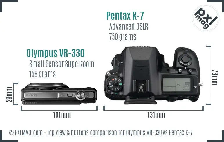 Olympus VR-330 vs Pentax K-7 top view buttons comparison