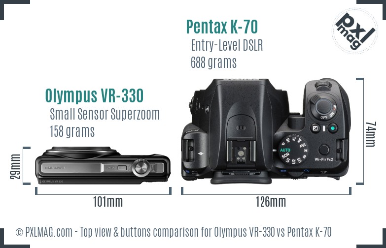 Olympus VR-330 vs Pentax K-70 top view buttons comparison