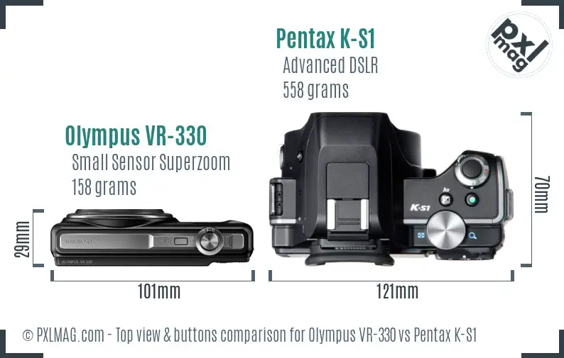 Olympus VR-330 vs Pentax K-S1 top view buttons comparison