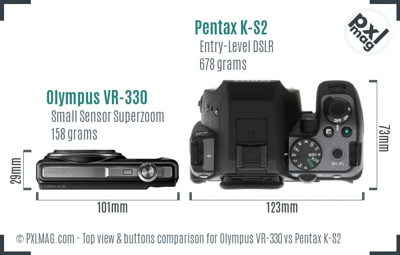 Olympus VR-330 vs Pentax K-S2 top view buttons comparison Olympus VR-330 vs Pentax K-S2 top view buttons comparison