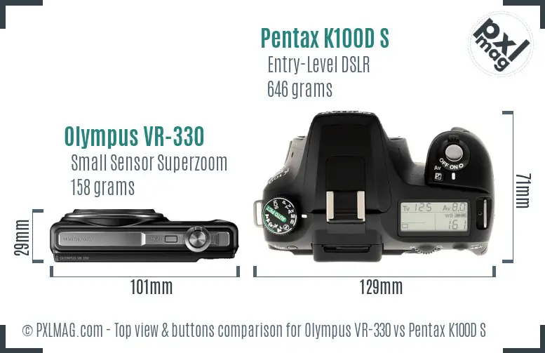 Olympus VR-330 vs Pentax K100D S top view buttons comparison